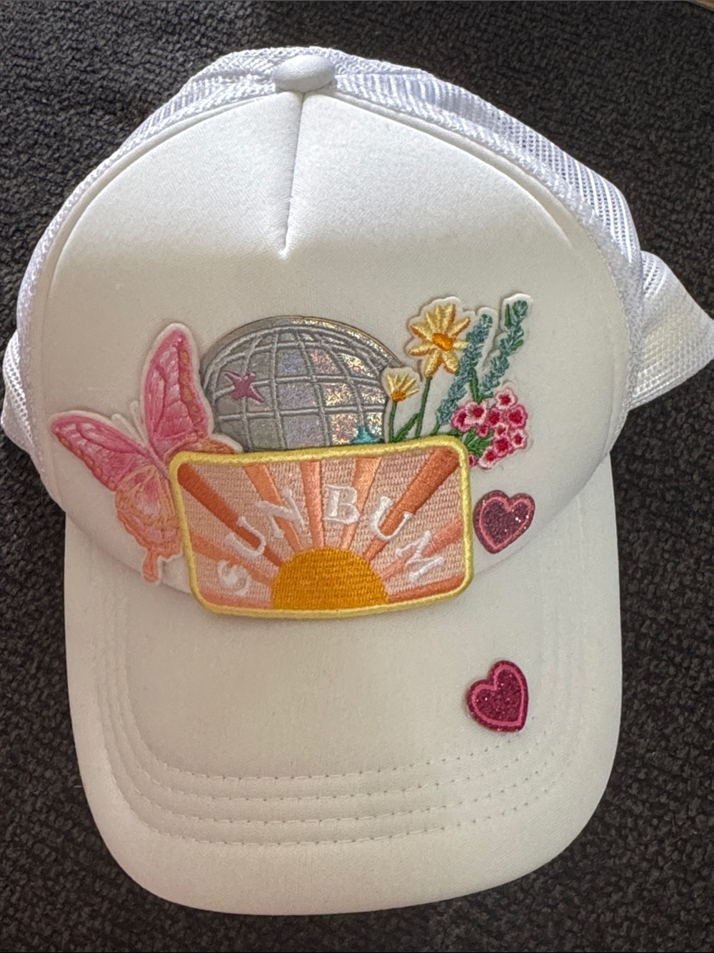 Vintage Custom White Trucker Hat with Sun, Floral & Pink Heart Patches SnapBack